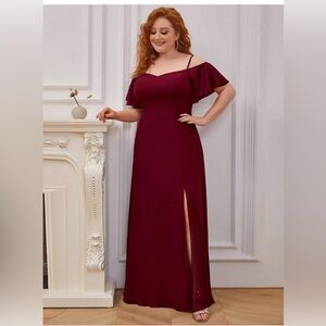 Ever Pretty Plus Burgundy Off-Shoulder Maxi Dress with Side Slit